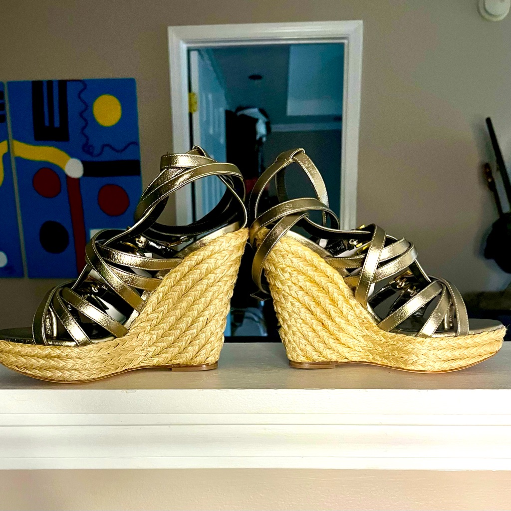 Nwt Burberry Shoes, Burberry Strappy Wedge Sandals Size 37, Bronze, Brand New